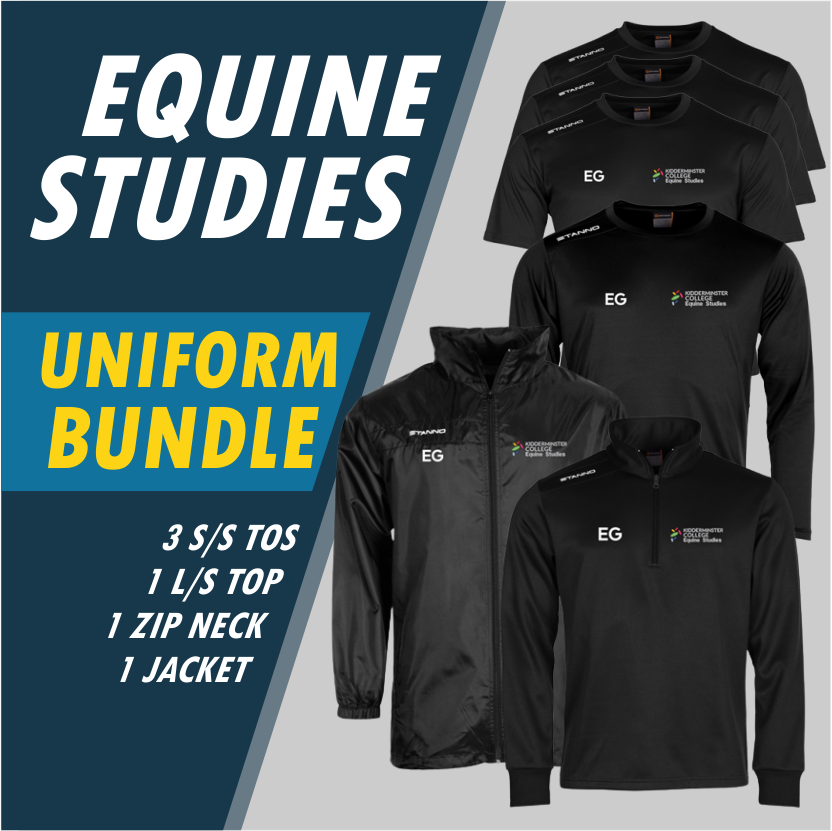 Equine  UniformBundle Offer for Students - 3 x Short and 1 x Long Sleeve Top, 1 Zip Neck,  1 All weather Jacket c/w College logo and initials.